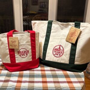 Trader Joe's Canvas Tote Bag Set - Red Mini and Dark Green Large